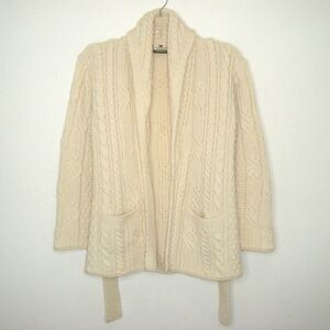Carriag Donn Merino Wool Cable Knit Shawl Collar Belted Cardigan Sweater Size M
